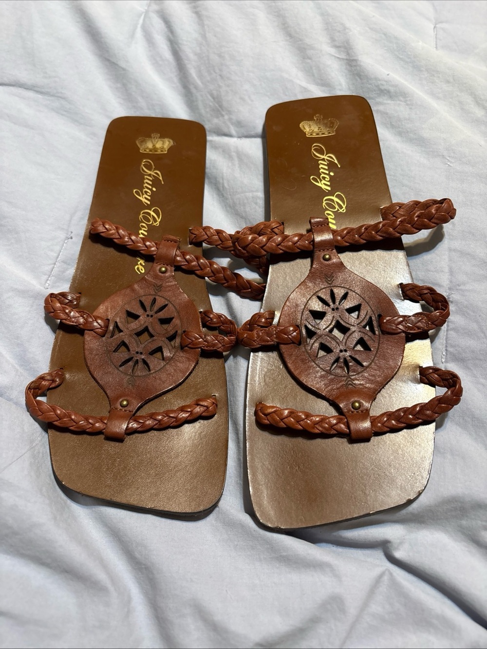 Juicy Couture Brown Braided Leather Slide Sandals